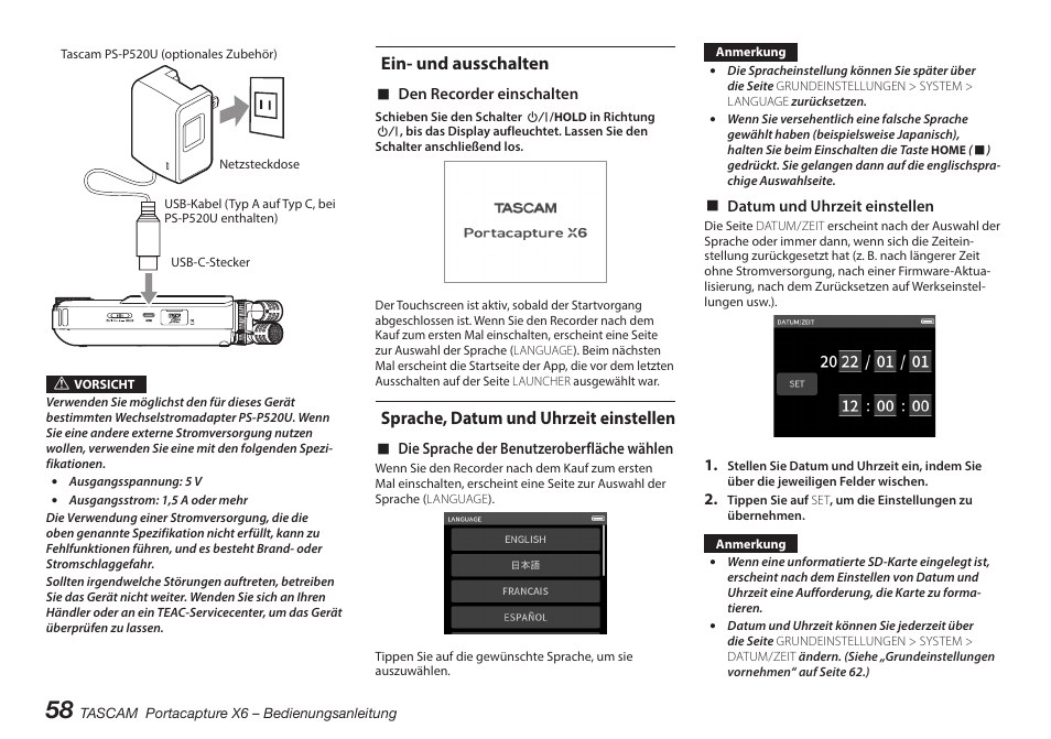 Ein- und ausschalten, Sprache, datum und uhrzeit einstellen | Tascam Portacapture X6 32-Bit 6-Channel Multitrack Field Recorder User Manual | Page 58 / 116