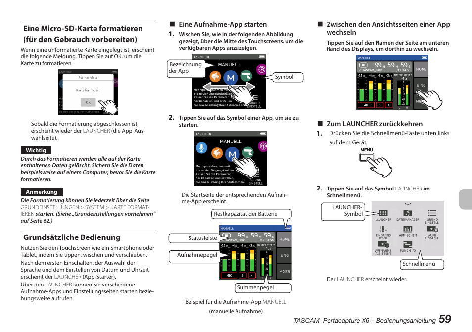 Grundsätzliche bedienung, Eine micro-sd-karte formatieren (für den gebrauch, Vorbereiten) grundsätzliche bedienung | Tascam Portacapture X6 32-Bit 6-Channel Multitrack Field Recorder User Manual | Page 59 / 116