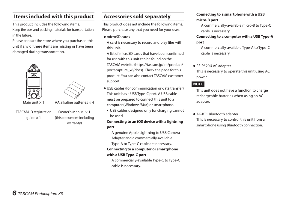 Items included with this product, Accessories sold separately | Tascam Portacapture X6 32-Bit 6-Channel Multitrack Field Recorder User Manual | Page 6 / 116