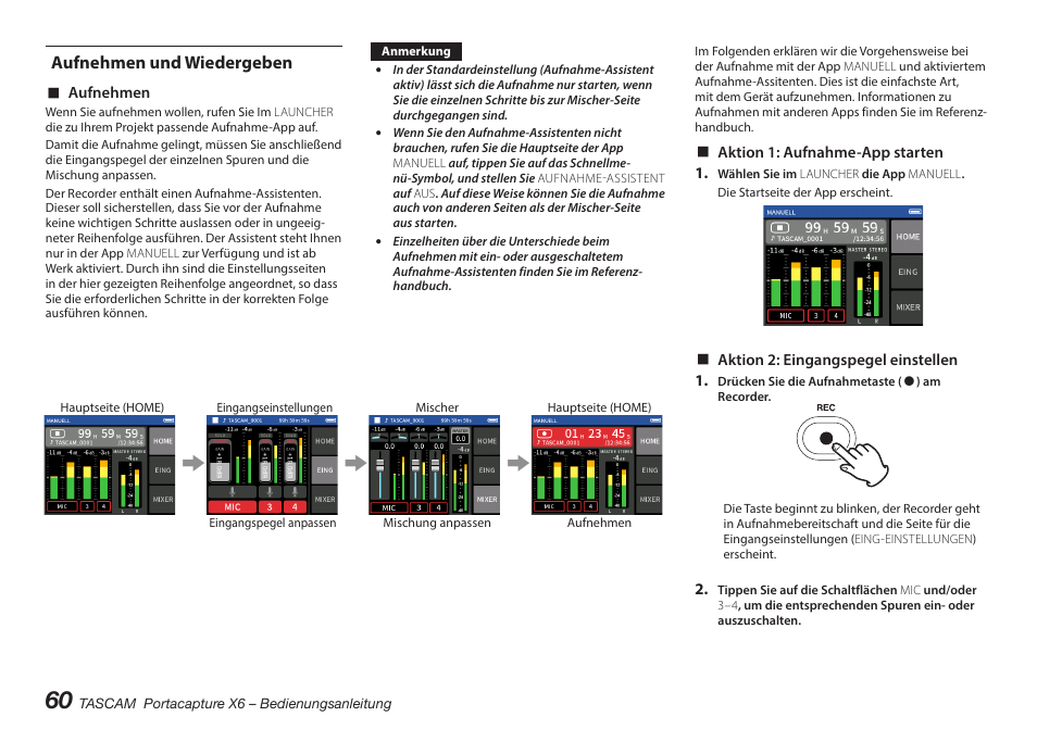 Aufnehmen und wiedergeben | Tascam Portacapture X6 32-Bit 6-Channel Multitrack Field Recorder User Manual | Page 60 / 116