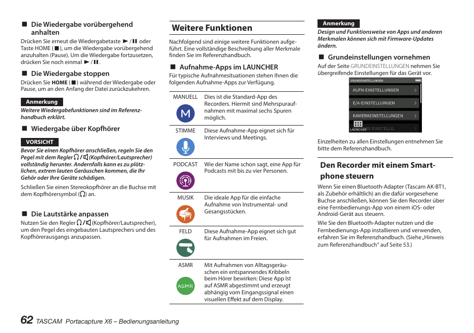 Weitere funktionen, Den recorder mit einem smartphone steuern, Den recorder mit einem smart- phone steuern | Tascam Portacapture X6 32-Bit 6-Channel Multitrack Field Recorder User Manual | Page 62 / 116