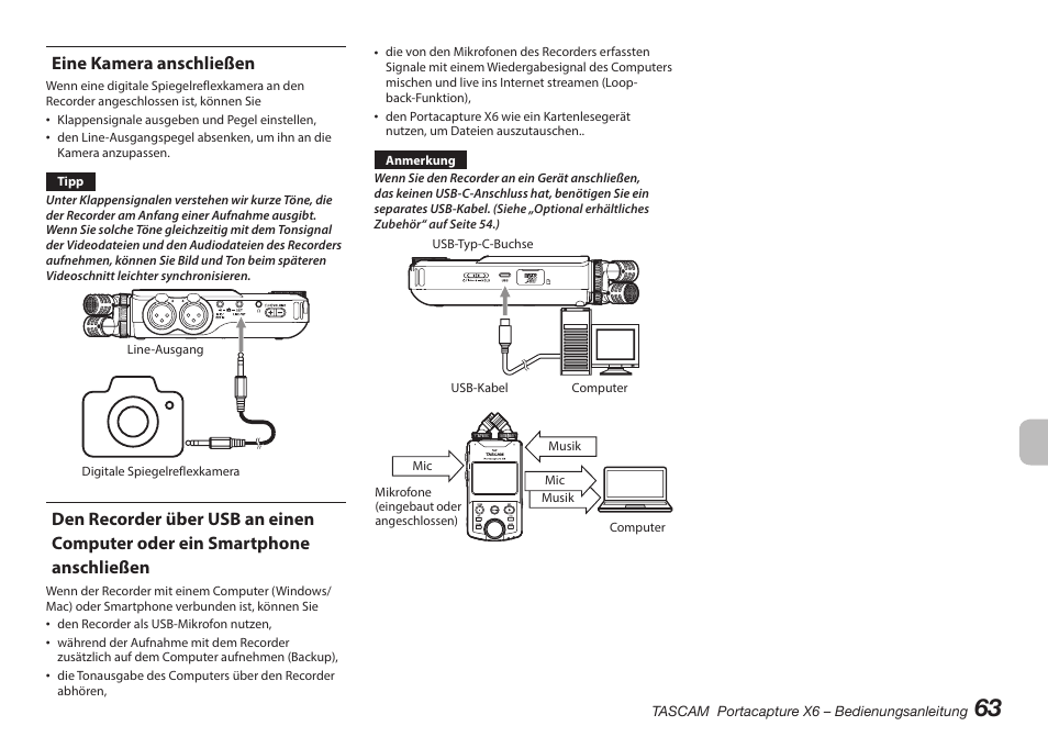 Eine kamera anschließen, Smartphone anschließen | Tascam Portacapture X6 32-Bit 6-Channel Multitrack Field Recorder User Manual | Page 63 / 116