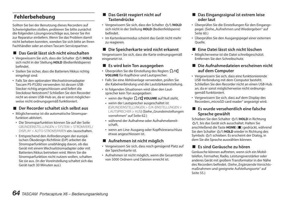 Fehlerbehebung | Tascam Portacapture X6 32-Bit 6-Channel Multitrack Field Recorder User Manual | Page 64 / 116