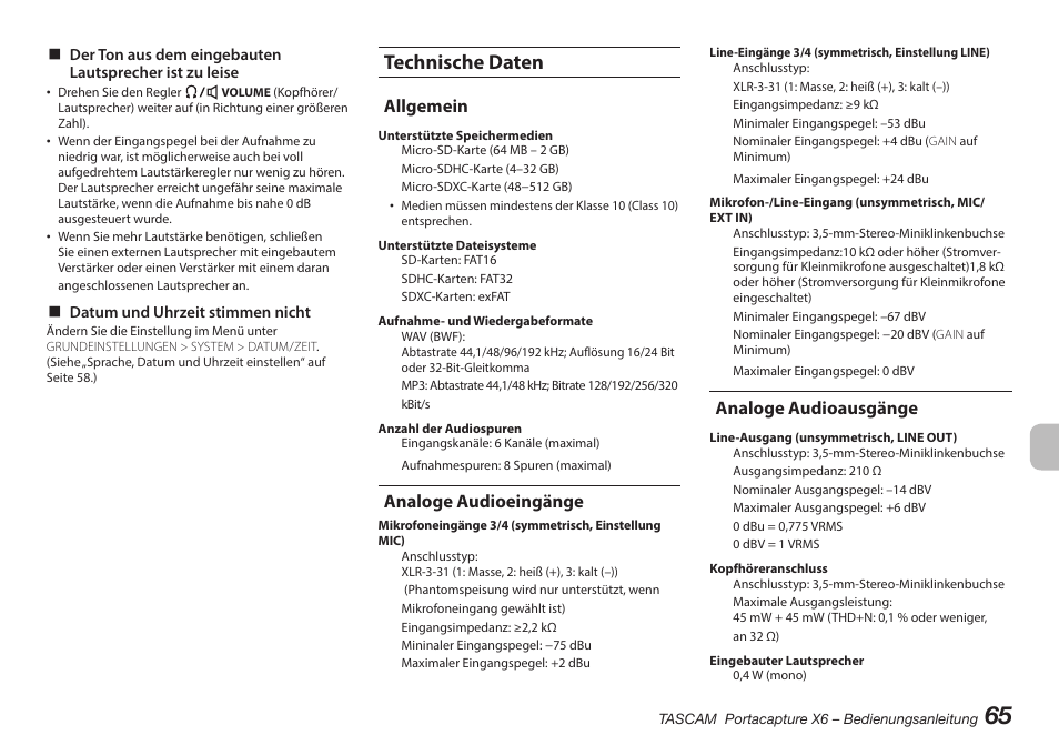 Technische daten, Analoge audioausgänge, Allgemein | Analoge audioeingänge | Tascam Portacapture X6 32-Bit 6-Channel Multitrack Field Recorder User Manual | Page 65 / 116