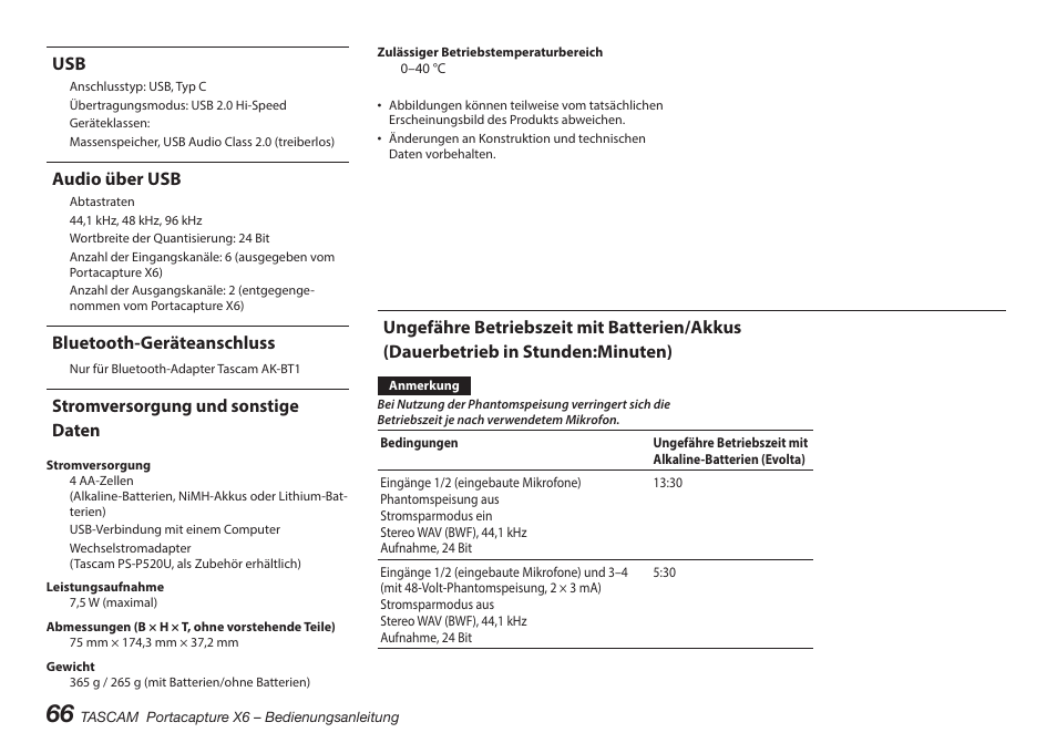 Audio über usb, Bluetooth-geräteanschluss, Stromversorgung und sonstige daten | Tascam Portacapture X6 32-Bit 6-Channel Multitrack Field Recorder User Manual | Page 66 / 116