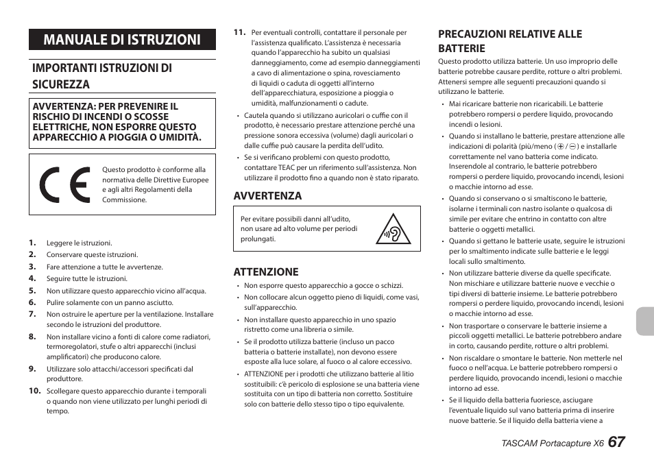 Italiano, Importanti istruzioni di sicurezza, Manuale di istruzioni | Avvertenza, Attenzione, Precauzioni relative alle batterie | Tascam Portacapture X6 32-Bit 6-Channel Multitrack Field Recorder User Manual | Page 67 / 116