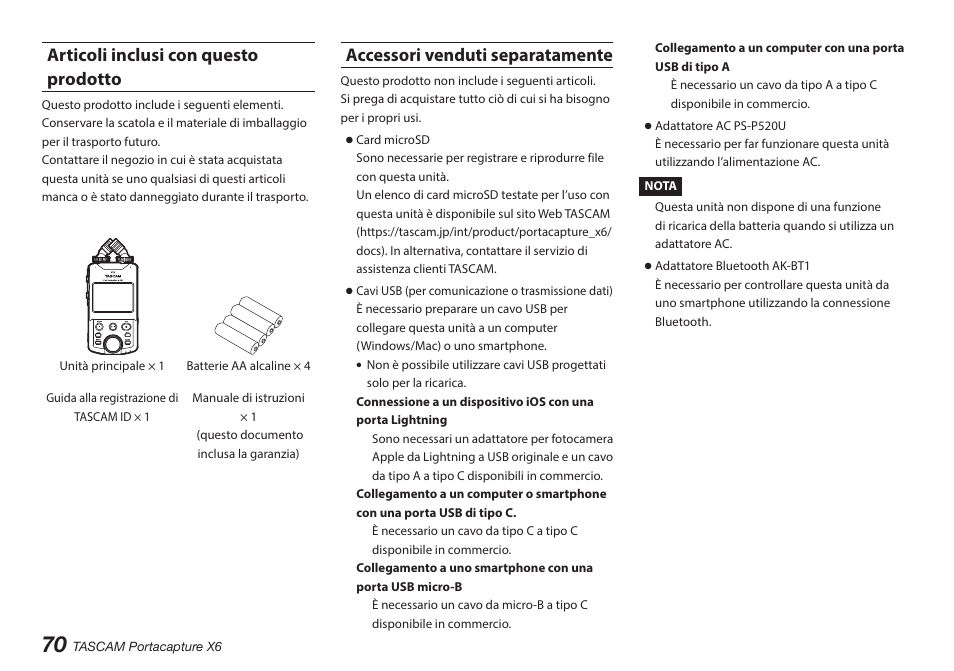 Articoli inclusi con questo prodotto, Accessori venduti separatamente | Tascam Portacapture X6 32-Bit 6-Channel Multitrack Field Recorder User Manual | Page 70 / 116