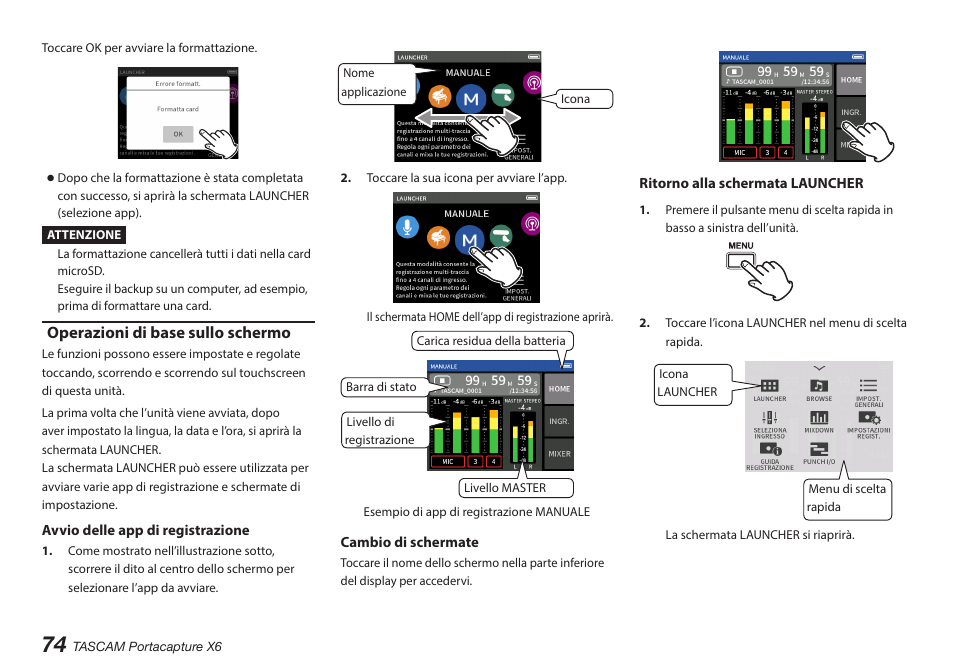 Operazioni di base sullo schermo | Tascam Portacapture X6 32-Bit 6-Channel Multitrack Field Recorder User Manual | Page 74 / 116