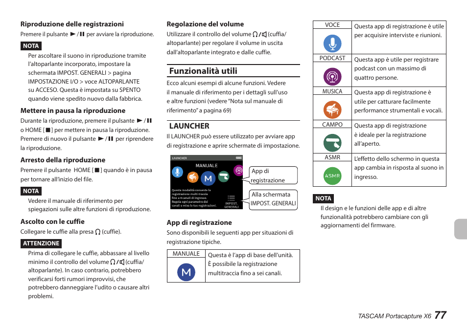 Funzionalità utili, Launcher | Tascam Portacapture X6 32-Bit 6-Channel Multitrack Field Recorder User Manual | Page 77 / 116