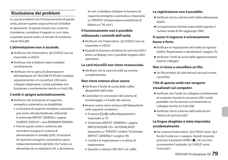 Risoluzione dei problemi | Tascam Portacapture X6 32-Bit 6-Channel Multitrack Field Recorder User Manual | Page 79 / 116