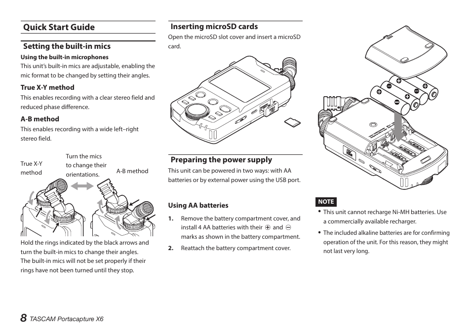 Quick start guide, Setting the built-in mics, Inserting microsd cards | Preparing the power supply | Tascam Portacapture X6 32-Bit 6-Channel Multitrack Field Recorder User Manual | Page 8 / 116