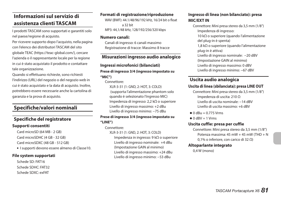 Specifiche/valori nominali, Specifiche del registratore, Misurazioni ingresso audio analogico | Uscita audio analogica | Tascam Portacapture X6 32-Bit 6-Channel Multitrack Field Recorder User Manual | Page 81 / 116