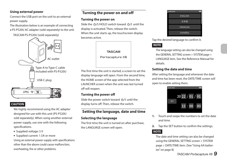 Turning the power on and off, Setting the language, date and time | Tascam Portacapture X6 32-Bit 6-Channel Multitrack Field Recorder User Manual | Page 9 / 116