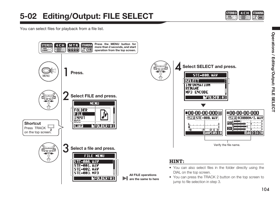 02 editing/output: file select | Zoom H4n Pro 4-Input / 4-Track Portable Handy Recorder Kit with Protective Case (Black) User Manual | Page 100 / 151