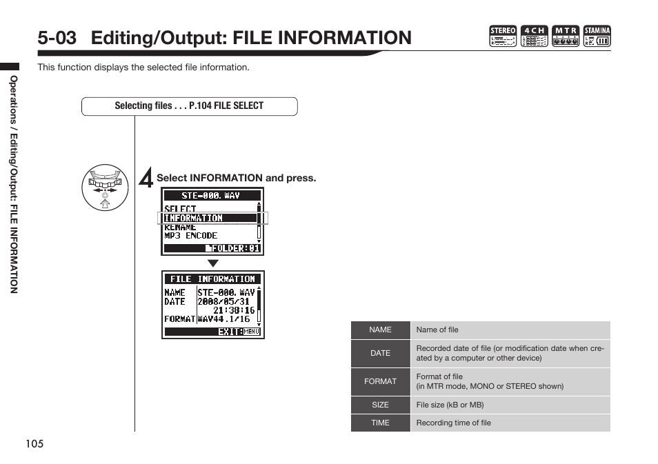 03 editing/output: file information | Zoom H4n Pro 4-Input / 4-Track Portable Handy Recorder Kit with Protective Case (Black) User Manual | Page 101 / 151