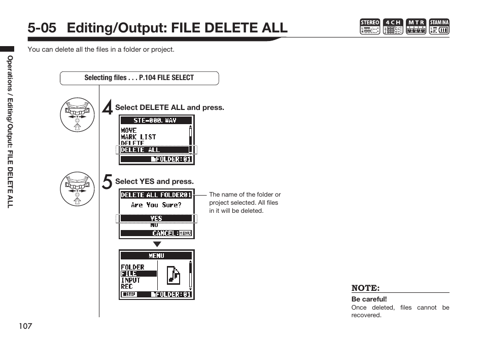 05 editing/output: file delete all | Zoom H4n Pro 4-Input / 4-Track Portable Handy Recorder Kit with Protective Case (Black) User Manual | Page 103 / 151