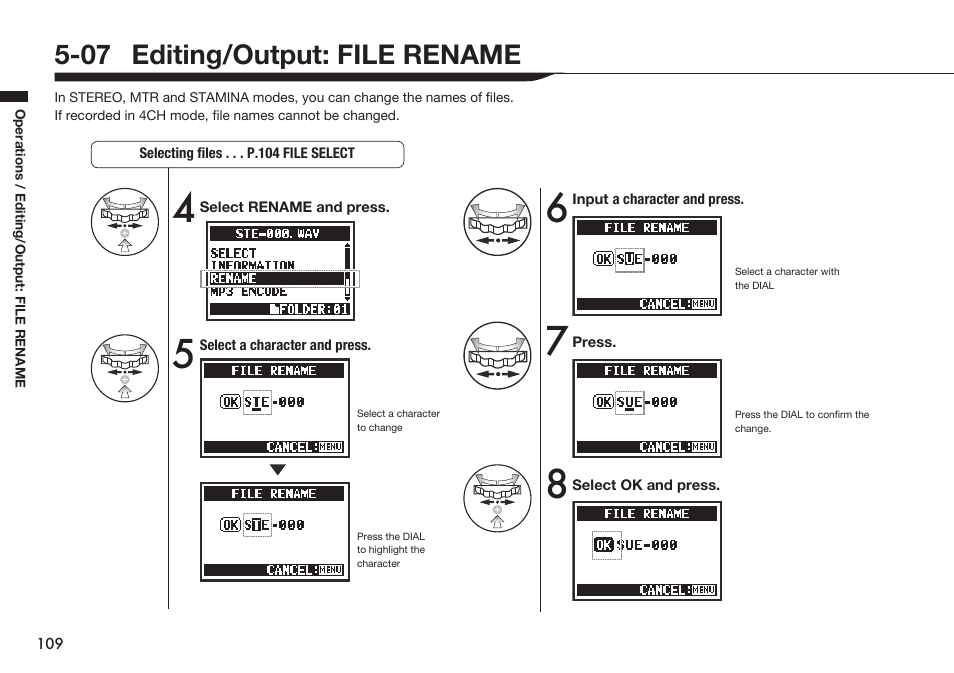 07 editing/output: file rename | Zoom H4n Pro 4-Input / 4-Track Portable Handy Recorder Kit with Protective Case (Black) User Manual | Page 105 / 151