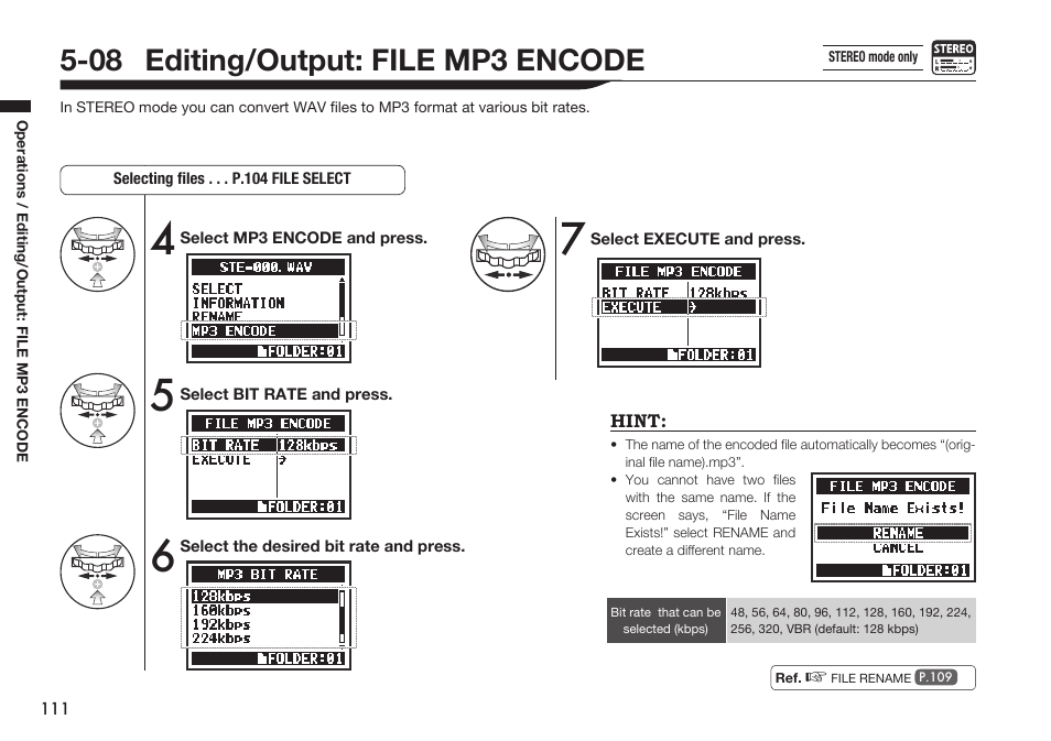 08 editing/output: file mp3 encode | Zoom H4n Pro 4-Input / 4-Track Portable Handy Recorder Kit with Protective Case (Black) User Manual | Page 107 / 151