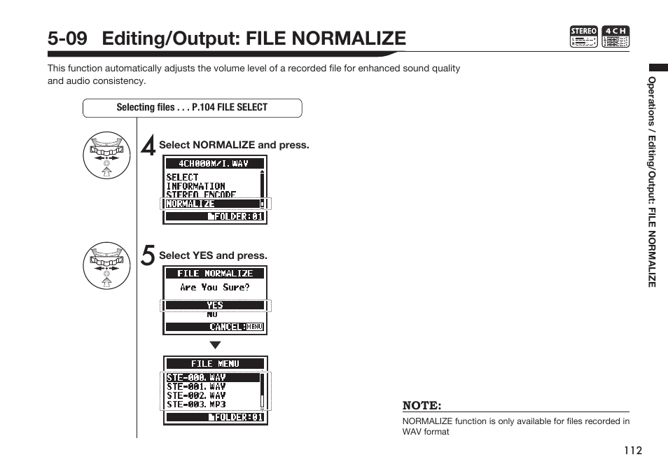 09 editing/output: file normalize | Zoom H4n Pro 4-Input / 4-Track Portable Handy Recorder Kit with Protective Case (Black) User Manual | Page 108 / 151