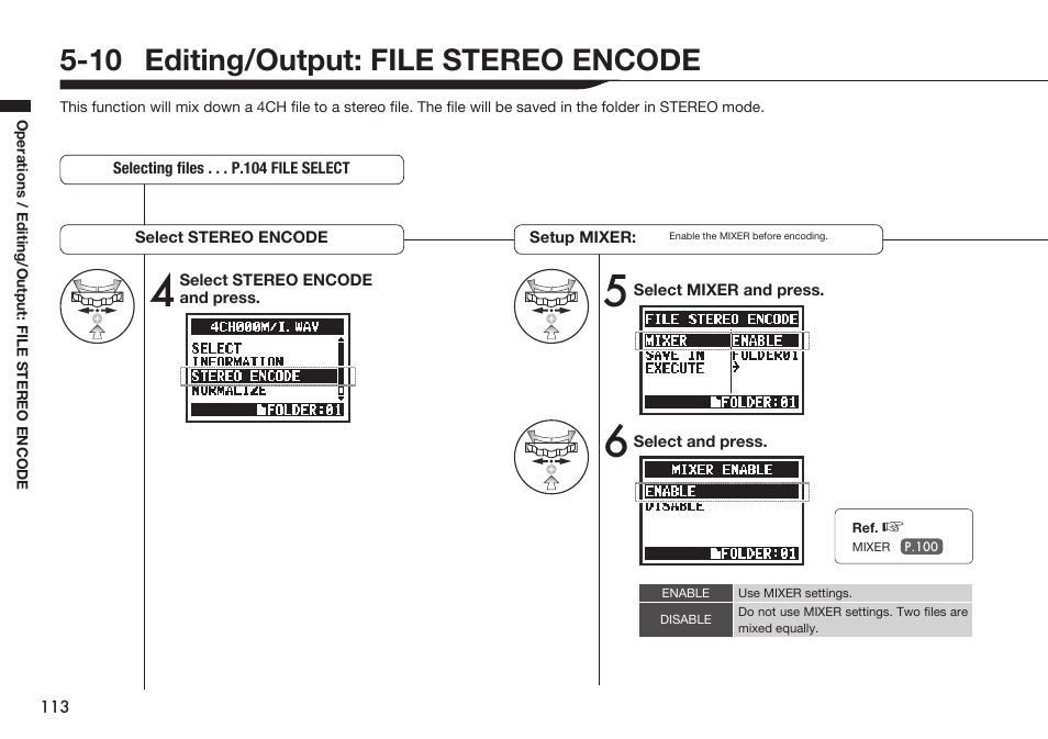 10 editing/output: file stereo encode | Zoom H4n Pro 4-Input / 4-Track Portable Handy Recorder Kit with Protective Case (Black) User Manual | Page 109 / 151