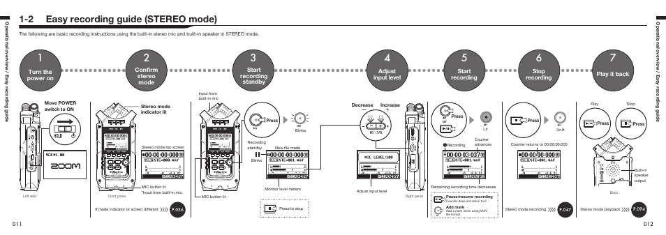 2 easy recording guide (stereo mode) | Zoom H4n Pro 4-Input / 4-Track Portable Handy Recorder Kit with Protective Case (Black) User Manual | Page 11 / 151