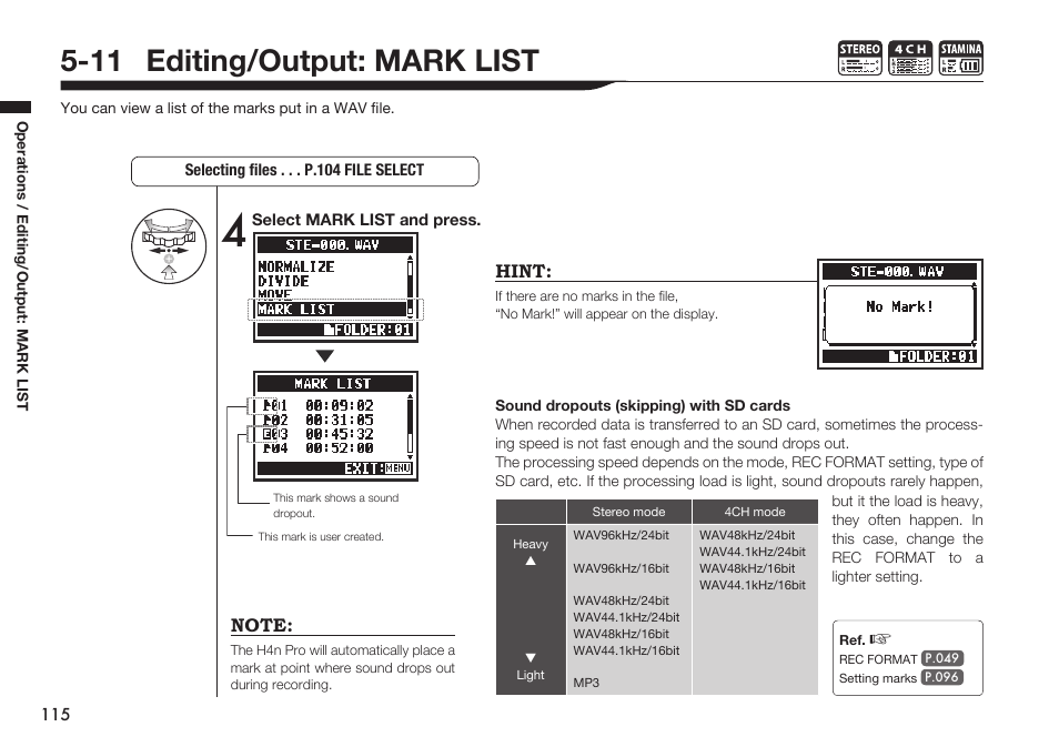 11 editing/output: mark list, Hint | Zoom H4n Pro 4-Input / 4-Track Portable Handy Recorder Kit with Protective Case (Black) User Manual | Page 111 / 151