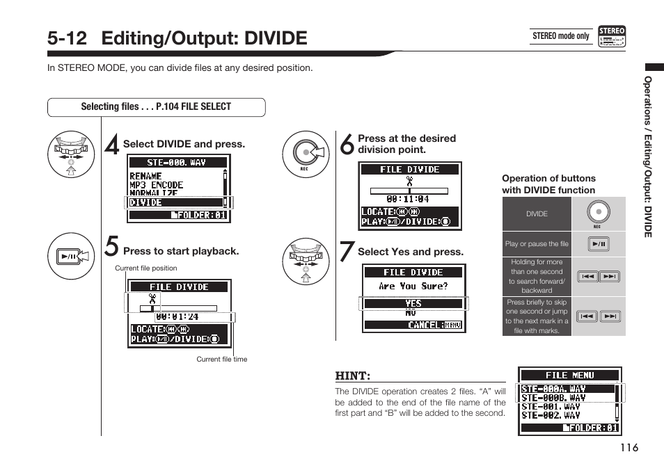 12 editing/output: divide | Zoom H4n Pro 4-Input / 4-Track Portable Handy Recorder Kit with Protective Case (Black) User Manual | Page 112 / 151