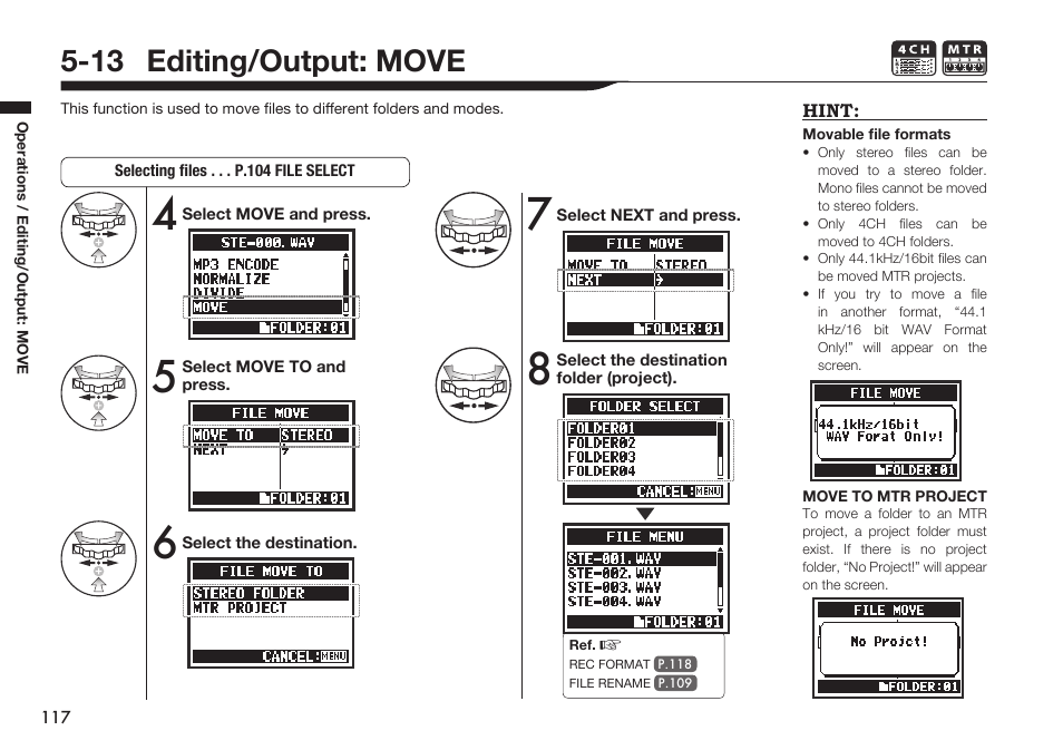 13 editing/output: move | Zoom H4n Pro 4-Input / 4-Track Portable Handy Recorder Kit with Protective Case (Black) User Manual | Page 113 / 151