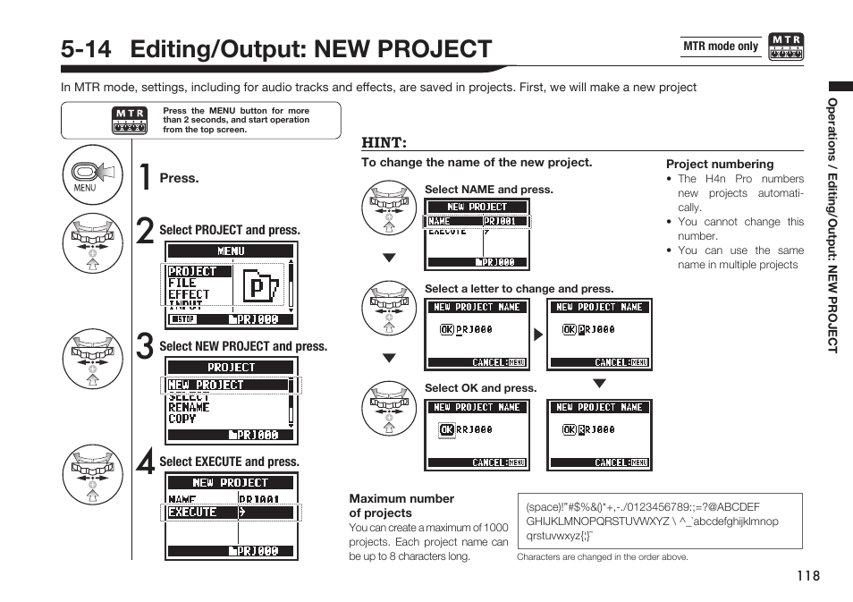 14 editing/output: new project | Zoom H4n Pro 4-Input / 4-Track Portable Handy Recorder Kit with Protective Case (Black) User Manual | Page 114 / 151