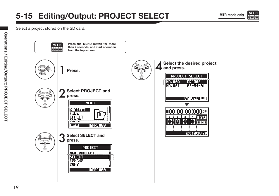 15 editing/output: project select | Zoom H4n Pro 4-Input / 4-Track Portable Handy Recorder Kit with Protective Case (Black) User Manual | Page 115 / 151