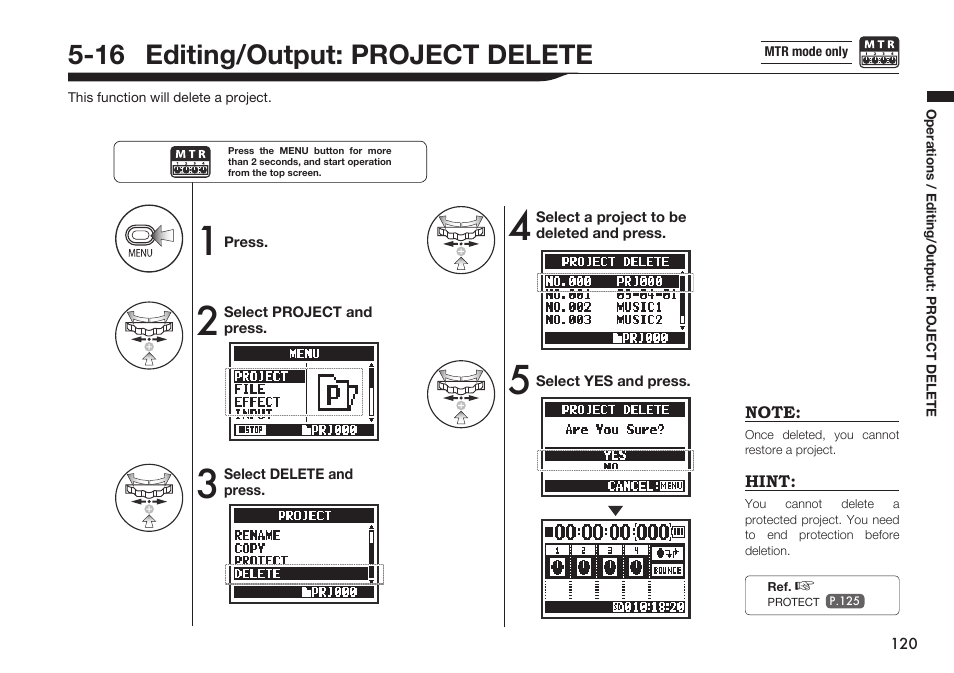 16 editing/output: project delete | Zoom H4n Pro 4-Input / 4-Track Portable Handy Recorder Kit with Protective Case (Black) User Manual | Page 116 / 151