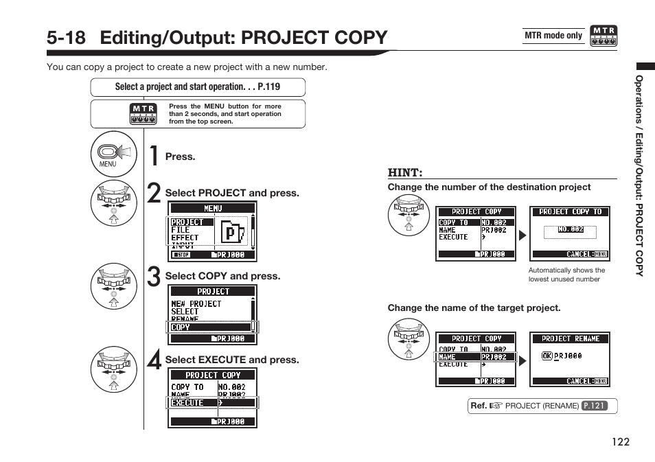 18 editing/output: project copy | Zoom H4n Pro 4-Input / 4-Track Portable Handy Recorder Kit with Protective Case (Black) User Manual | Page 118 / 151