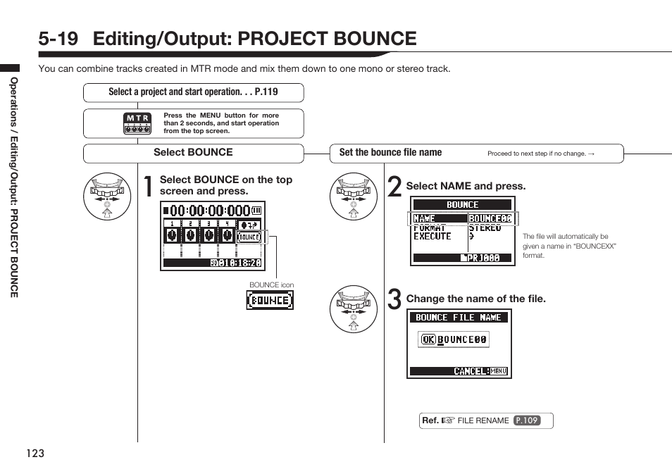 19 editing/output: project bounce | Zoom H4n Pro 4-Input / 4-Track Portable Handy Recorder Kit with Protective Case (Black) User Manual | Page 119 / 151