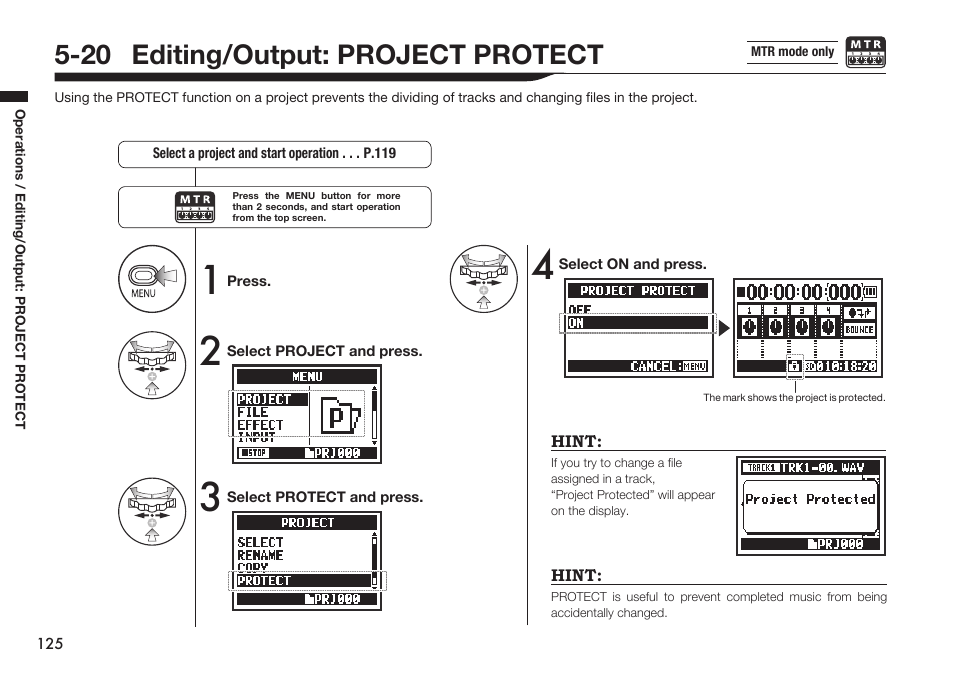 20 editing/output: project protect | Zoom H4n Pro 4-Input / 4-Track Portable Handy Recorder Kit with Protective Case (Black) User Manual | Page 121 / 151