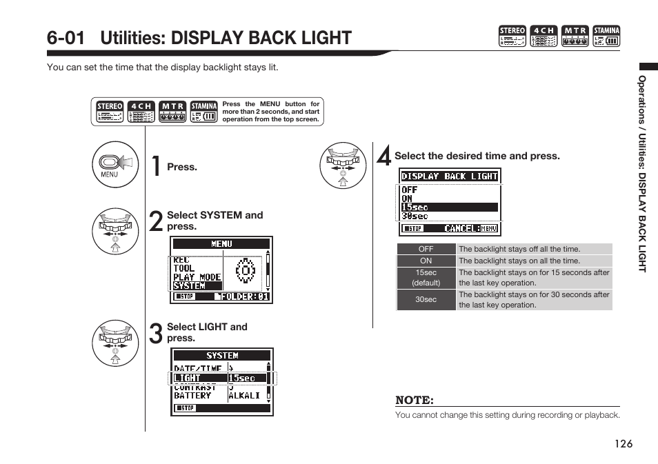 01 utilities: display back light | Zoom H4n Pro 4-Input / 4-Track Portable Handy Recorder Kit with Protective Case (Black) User Manual | Page 122 / 151