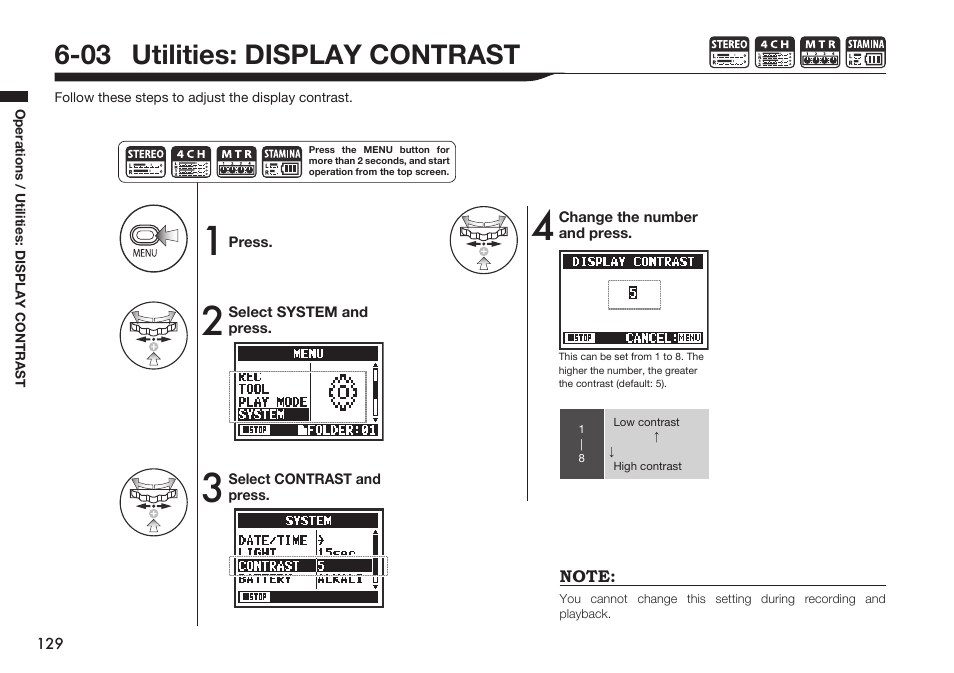 03 utilities: display contrast | Zoom H4n Pro 4-Input / 4-Track Portable Handy Recorder Kit with Protective Case (Black) User Manual | Page 125 / 151