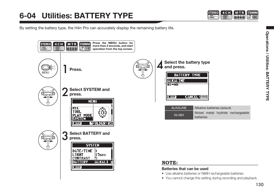 04 utilities: battery type | Zoom H4n Pro 4-Input / 4-Track Portable Handy Recorder Kit with Protective Case (Black) User Manual | Page 126 / 151