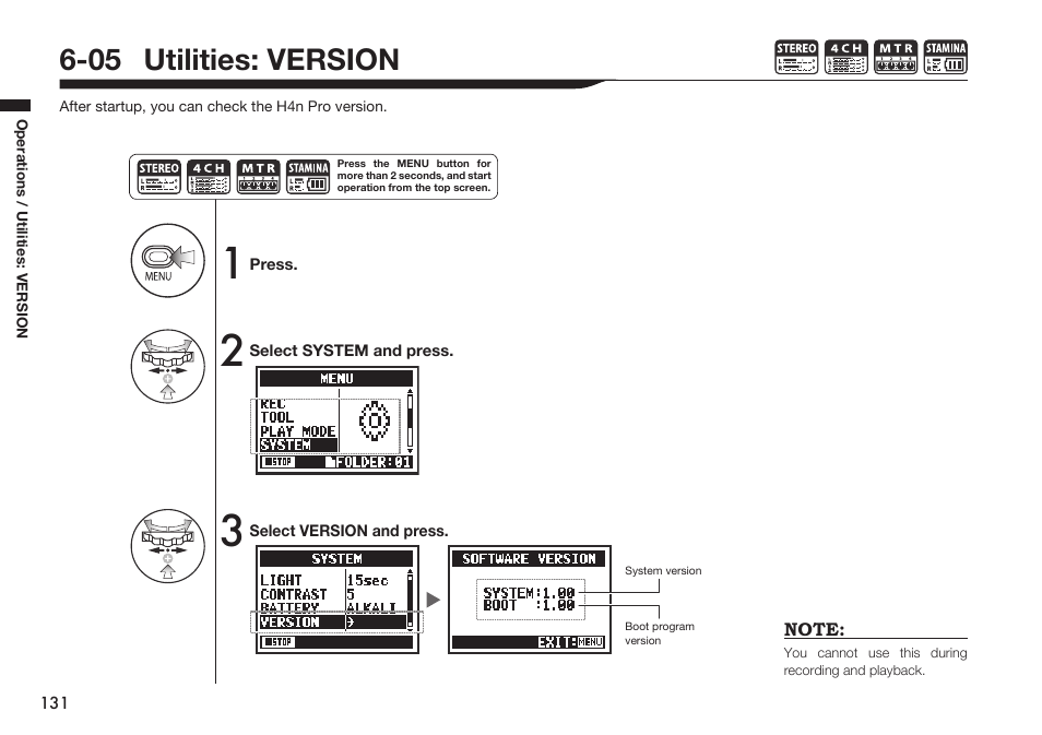 05 utilities: version | Zoom H4n Pro 4-Input / 4-Track Portable Handy Recorder Kit with Protective Case (Black) User Manual | Page 127 / 151