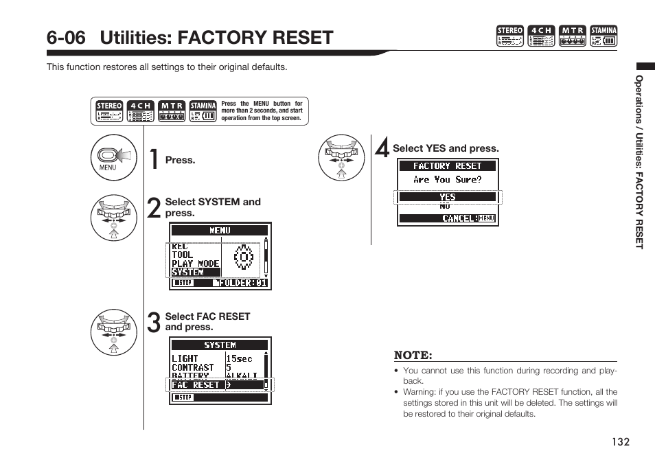 06 utilities: factory reset | Zoom H4n Pro 4-Input / 4-Track Portable Handy Recorder Kit with Protective Case (Black) User Manual | Page 128 / 151