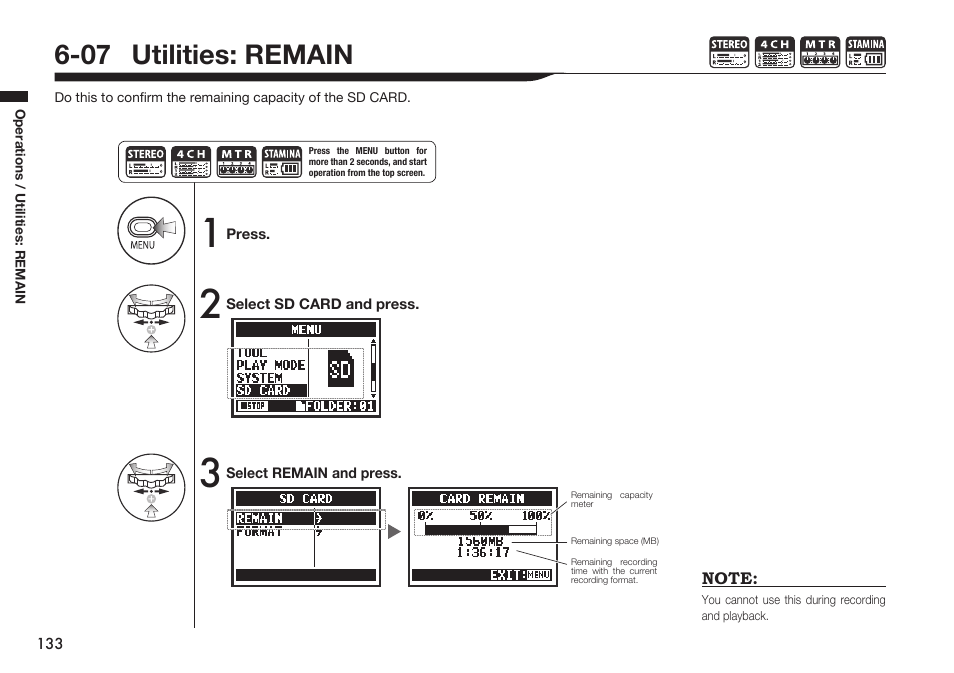 07 utilities: remain | Zoom H4n Pro 4-Input / 4-Track Portable Handy Recorder Kit with Protective Case (Black) User Manual | Page 129 / 151