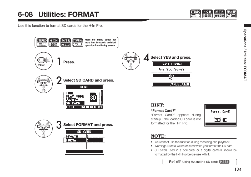 08 utilities: format | Zoom H4n Pro 4-Input / 4-Track Portable Handy Recorder Kit with Protective Case (Black) User Manual | Page 130 / 151