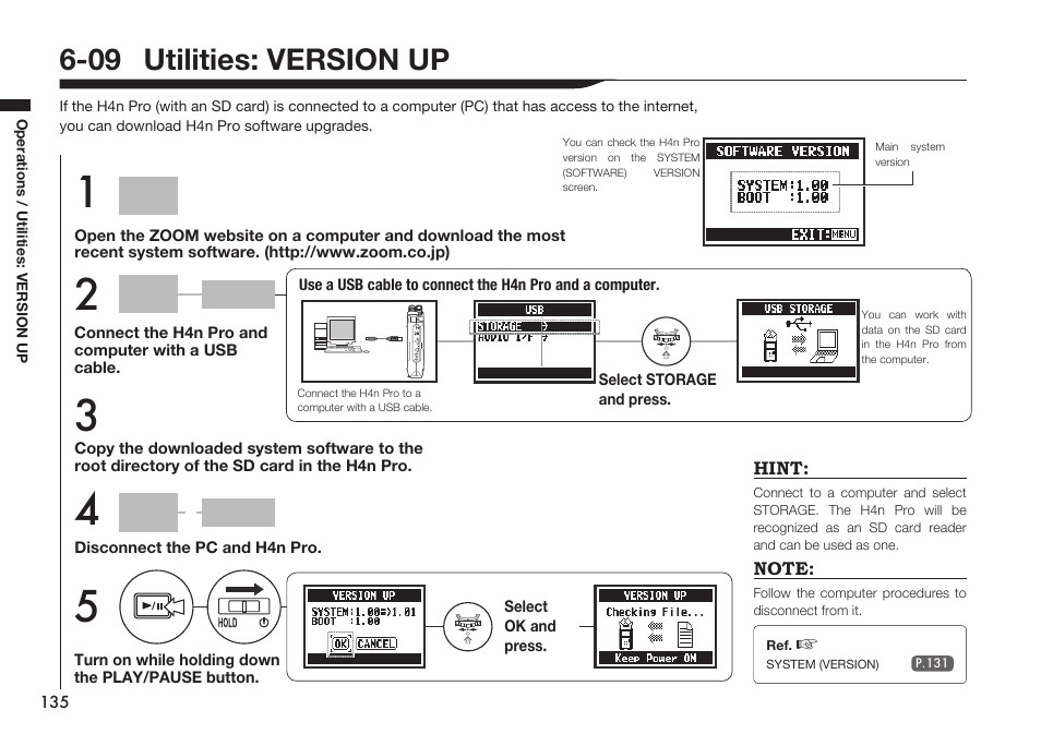 09 utilities: version up | Zoom H4n Pro 4-Input / 4-Track Portable Handy Recorder Kit with Protective Case (Black) User Manual | Page 131 / 151