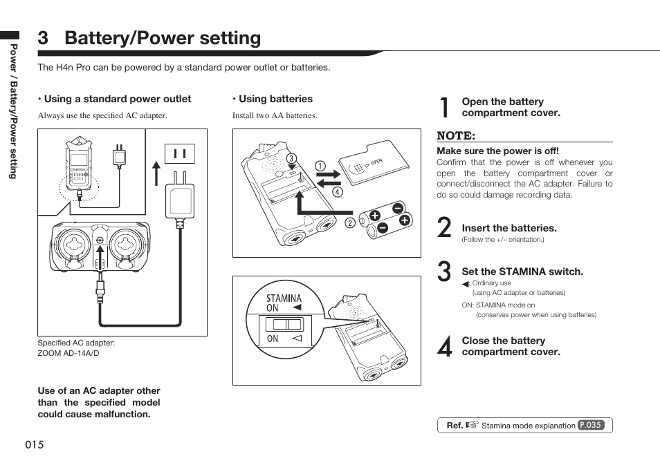 3 battery/power setting | Zoom H4n Pro 4-Input / 4-Track Portable Handy Recorder Kit with Protective Case (Black) User Manual | Page 14 / 151