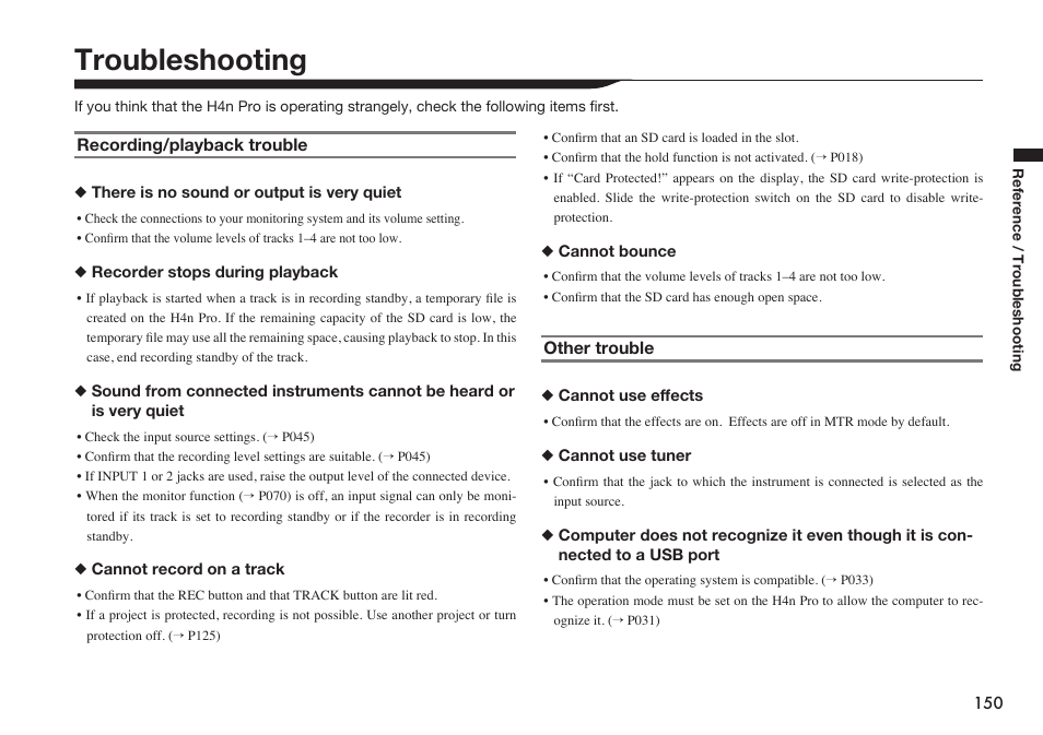 Troubleshooting | Zoom H4n Pro 4-Input / 4-Track Portable Handy Recorder Kit with Protective Case (Black) User Manual | Page 146 / 151