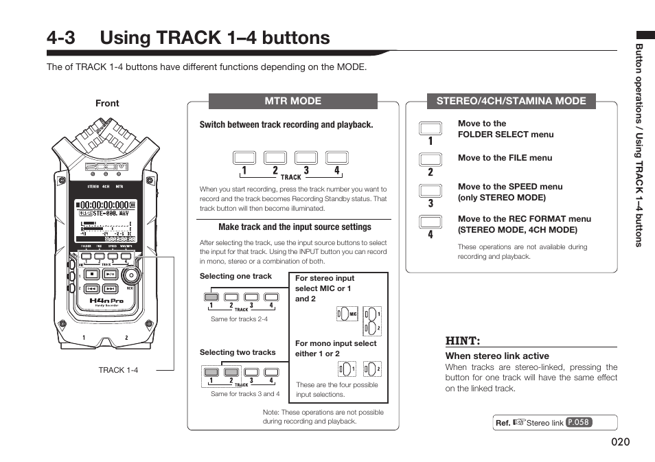 3 using track 1–4 buttons, Hint | Zoom H4n Pro 4-Input / 4-Track Portable Handy Recorder Kit with Protective Case (Black) User Manual | Page 19 / 151