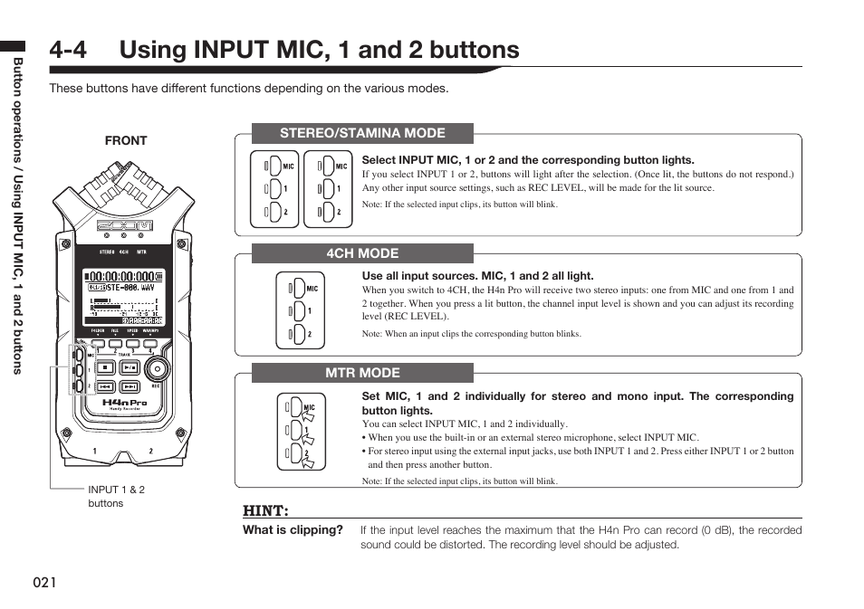 4 using input mic, 1 and 2 buttons, Hint | Zoom H4n Pro 4-Input / 4-Track Portable Handy Recorder Kit with Protective Case (Black) User Manual | Page 20 / 151
