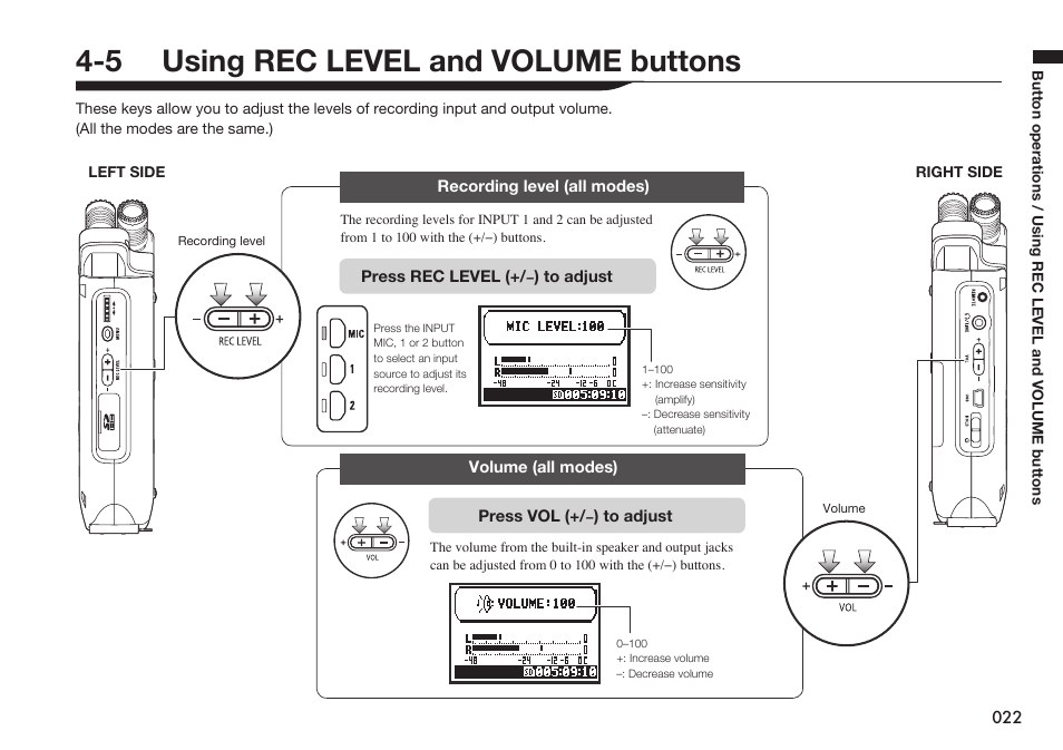 5 using rec level and volume buttons | Zoom H4n Pro 4-Input / 4-Track Portable Handy Recorder Kit with Protective Case (Black) User Manual | Page 21 / 151