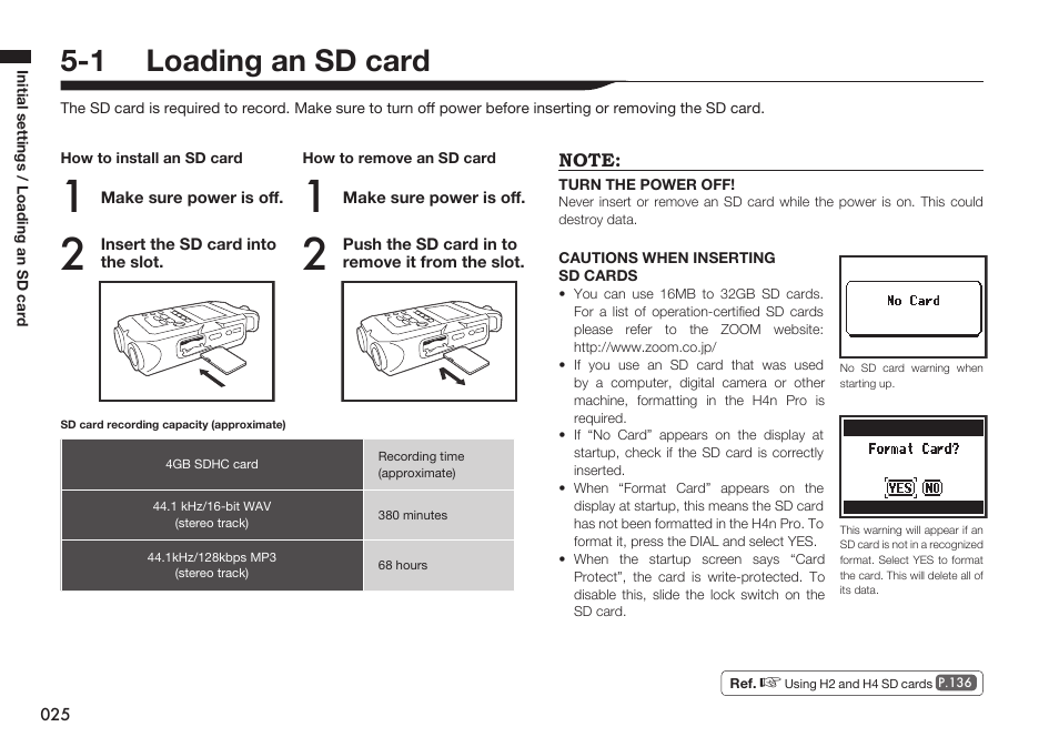 1 loading an sd card, Initial settings | Zoom H4n Pro 4-Input / 4-Track Portable Handy Recorder Kit with Protective Case (Black) User Manual | Page 24 / 151