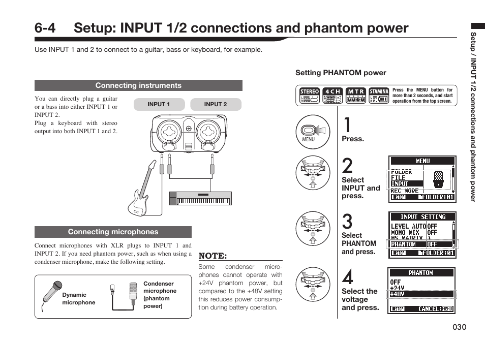 4 setup: input 1/2 connections and phantom power | Zoom H4n Pro 4-Input / 4-Track Portable Handy Recorder Kit with Protective Case (Black) User Manual | Page 29 / 151