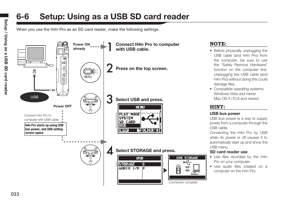 6 setup: using as a usb sd card reader | Zoom H4n Pro 4-Input / 4-Track Portable Handy Recorder Kit with Protective Case (Black) User Manual | Page 32 / 151